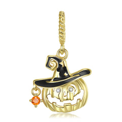 Halloween Golden Smiling Pumpkin Pendant Zircon Silver Necklace