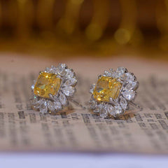 Petals Halo Rectangle Yellow Zircon Stud Earrings