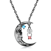 Halloween Black Skull Moon and Spider Pendant Silver Necklace