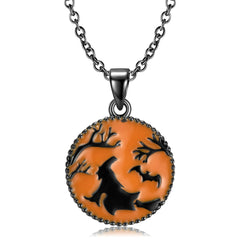 Halloween Witch Orange Round Disc Pendant Silver Necklace