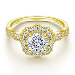 Round Zircon Flower Soleste Halo Retro Pattern Silver Ring Set