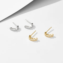 C Shape Honeycomb Round Zircon Silver Stud Earrings