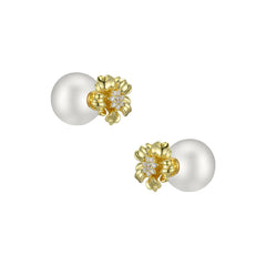 Flower with Zircon Round Pearl Silver Studs Earrings for Women