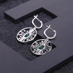 Luxury Fashion Design Inlaid Green Agate Circle Sterling Silver Drop Earrings for Women