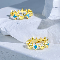 Blue Star and Moon Sterling Silver Hoop Earrings