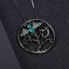 Dark Retro Design Inlaid Green Agate with Natural Gemstone Bat Pendant Silver Necklace for Women