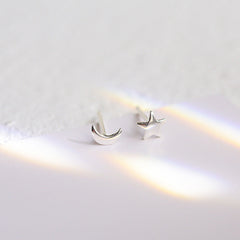 Mini Star Moon Silver Studs Earrings for Women