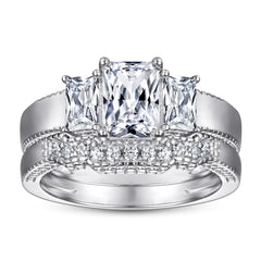Radiant Cut Zircon Threestone Silver Ring Set