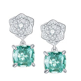 Square Green Zircon Camellia Drop Earrings