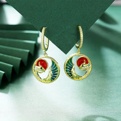 Enamel Phoenix with Zircon Circle Silver Drop Earrings for Women
