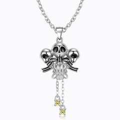 Halloween Three Sided Skull Head Tassel Zircon Silver Necklace