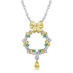 Christmas Bell Wreath Zircon Silver Necklace