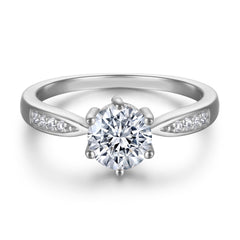 Round Zircon Six Prongs Cathedral Silver Ring