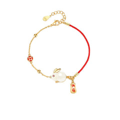 Nephrite Rabbit Silver Bracelet with Red Rope for Women