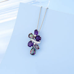 Luxury Style Inlaid Colourful Natural Gemstone Little Grape String Pendant Silver Necklace for Women