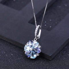 Luxury Fashion Temperament Style Inlaid Natural Colourful Gemstones Flower Pendant Silver Collarbone Necklace for Women