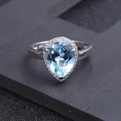 European Luxury Premium Natural Topaz Soleste Halo Pear Drop Sterling Silver Ring for Women