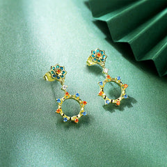 Lotus Pattern Series Enamel with Colourful Zircon Hollow Circle Silver Drop Earrings for Women