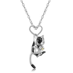 Cow Cat Hook Heart Shape Pendant Silver Necklace