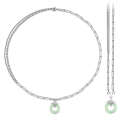 Eight Pointed Star Circular Green Jade Pendant Splicing Silver Necklace