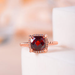 Soleste Halo Square Natural Red Garnet Silver Ring
