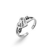 Retro Carved Letter Heart Shape Opening Sterling Silver Ring
