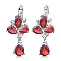 European Natural Garnet Creative Clover Design Silver Drop Earrings for Women