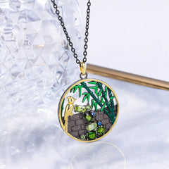 Natural Design Antique Style Inlaid Natural Olivine Bird and Bamboo Creative Niche Pendants Silver Necklace for Women