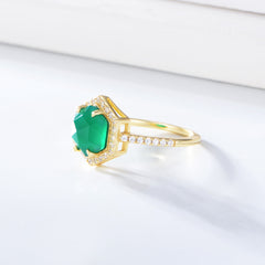 Natural Green Agate Hexagon Soleste Halo Sterling Silver Ring for Women