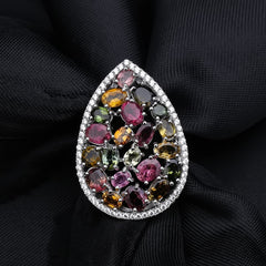 Vintage Luxury Natural Tourmaline Colourful Gemstone Silver Ring