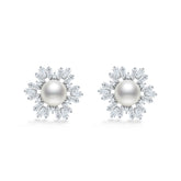 Snowfalke Pearl with Rectangle Zircon Silver Stud Earrings for Women