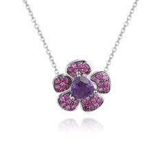 Natural Amethyst Design Colourful Gemstone Flower Pendant Silver Necklace for Women