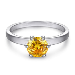 Yellow Zircon Six Prongs Solitaire Silver Ring