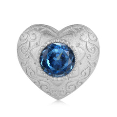 Sandblasting Pattern Heart Shape Pendant Round Cut Blue Zircon Silver Necklace