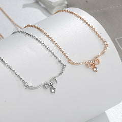 Large V-shape Bow with Zircon Pendant Silver Necklace for Women