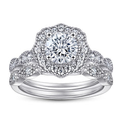 Round Zircon Flower Soleste Halo Retro Pattern Silver Ring Set