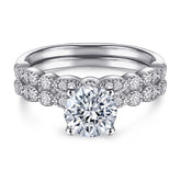 Four Prongs Round Zircon with Beading Silver Ring Set for Women