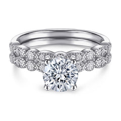 Four Prongs Round Zircon with Beading Silver Ring Set for Women