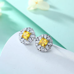 Yellow Zircon Soleste Halo Flower Shaped Silver Studs Earrings for Women