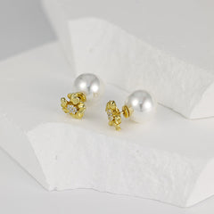 Flower with Zircon Round Pearl Silver Studs Earrings for Women