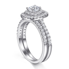 Round Zircon Double Square Soleste Halo with Half Eternity Silver Ring Set