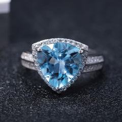 European Natural Topaz Luxury Triangle Soleste Halo Silver Ring for Women