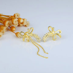 Zircon Bow Tassel Asymmetric Silver Drop Earrings for Women