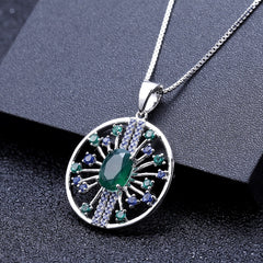 Premium Retro Design Natural Green Agate Pendant Silver Necklace for Women