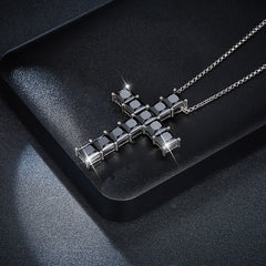 1.0 Carat Princess Cut Black Moissanite Cross Silver Necklace