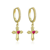 Cross with Red Corundum Silver Hoop Earrings for Women