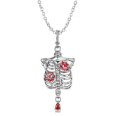 Halloween Rose Skull Skeleton Pendant Zircon Silver Necklace