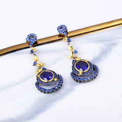 European Blue Corundum Moonstar Oval Shape Silver Drop Earrings for Women