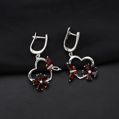 Natural Garnet Heart Shape with Butterfly and Flower Silver Drop Earrings for Women
