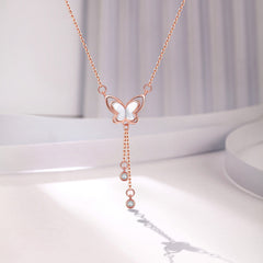 Mother-of-pearl Butterfly Tassel with Zircon Silver Necklace for Women